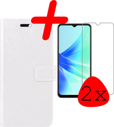 Hoesje Met 2x Screenprotector - Geschikt voor OPPO A17 - Luxe Pasjeshouder - Bookcase Portemonee - Flip Case - Kunstleer Book Case - Flipcase Hoes - Book Cover - Walletcase - Portemonneehoes - Wit