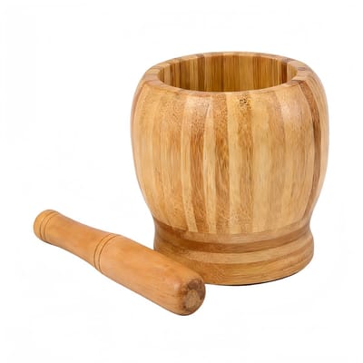 Decopatent - Bamboe Vijzel met Stamper Ø11 cm - Duurzame Houten Vijzel Set - Kruiden & Specerijen Malen - Keuken Accessoire Bamboo