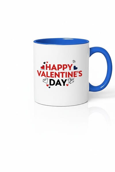 Valentijn Mok 'Happy Valentine's Day' - Romantisch Koffie Theebeker Cadeau met Hartjes en Brieven - Wit & Blauw