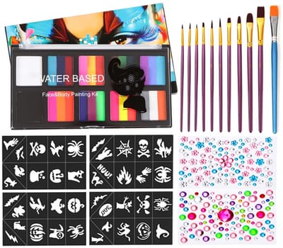 Dailygoods- Kindermake-upset 10 Kleuren - Gezichtsverf - Penselen - Tatoeagesjablonen - Diamantstickers - Perfect voor Feestjes