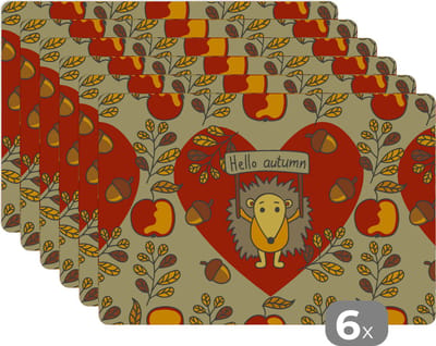 Placemat - Placemats kunststof - Egel - Herfst - Seizoenen - Kind - Design - 45x30 cm - 6 stuks - Hittebestendig - Anti-Slip - Onderlegger - Afneembaar