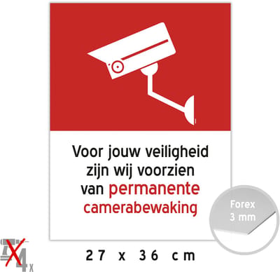 Pictogram/ bord | "Voor jouw veiligheid zijn wij voorzien van permanente camerabewaking" | 27 x 36 cm | CCTV | Geen toegang | Privé | Verboden | Eigen terrein | Rood | Camera | Bewaking | 1 stuk