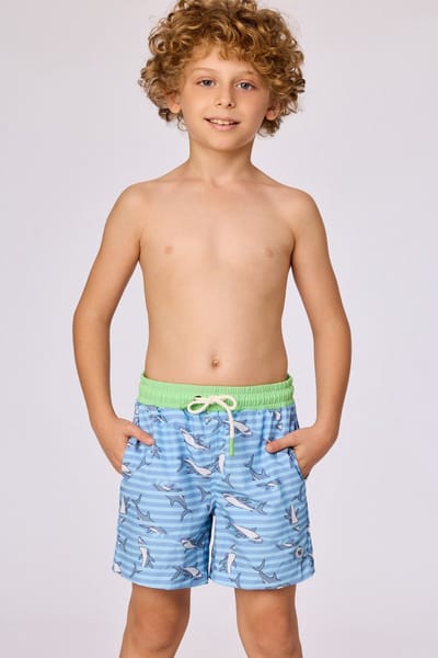 Woody - Blauwe zwemshort van geweven katoen met haaienprint - 10 jaar / 140
