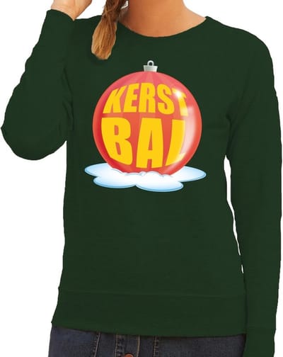 Foute kersttrui kerstbal rood op groene sweater voor dames - kersttruien XS