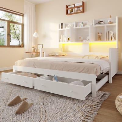 MIVRAY Slaapbank 90x190 cm - Uitschuifbaar Met Opberglades, Kasten En Ledverlichting - Zonder Matras - Hout En MDF - Wit