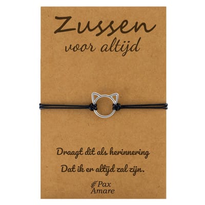 Pax Amare Armbandje met Schattig Katje "Zussen voor altijd" - Vriendschapsarmbandje Cadeau - BFF Armband Cadeau - Zwart & Zilverkleurig