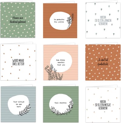 Kaartenset - Wenskaart dubbel set - 9 kaarten inclusief enveloppen - Beterschap - Geboorte - Sterkte