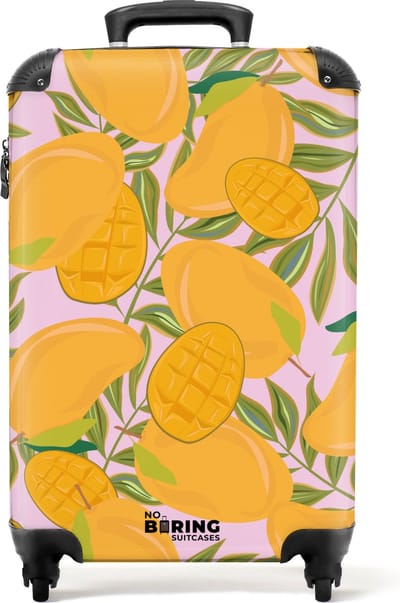NoBoringSuitcases.com® - Handbagage koffer lichtgewicht - Reiskoffer trolley - Roze met oranje mango's - Rolkoffer met wieltjes - Past binnen 55x40x20 en 55x35x25