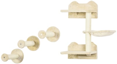 MODFU Krabmeubel 40 x 28 x 73 cm – compacte krabpaal met hangmat, zitplatform en 3 wandstappen – beschermt meubels – stimuleert natuurlijk gedrag – pluche en spaanhout – beige