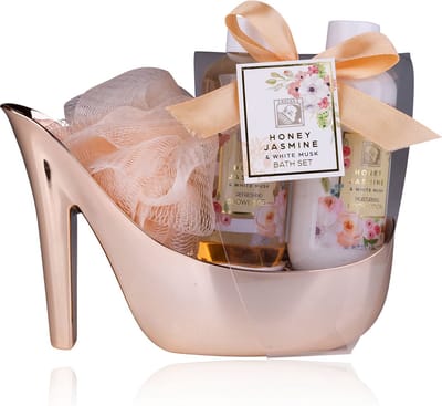 Geschenkset Vrouwen - Honey Jasmine Verwenpakket in Shiny Rosé Pump - Verjaardag cadeau vrouw, moeder, oma, vriendin, mama, zus - Cadeautje voor haar - Giftset - Huwelijk - Housewarming - Cadeautje volwassenen