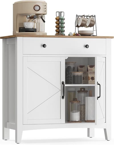 VASAGLE LIRY collectie - keukenkast, dressoir met laden, opbergkast met deuren, verstelbare plank, landelijke stijl, 40 x 80 x 80 cm, wolkenwit-honingbruin BBK341W02