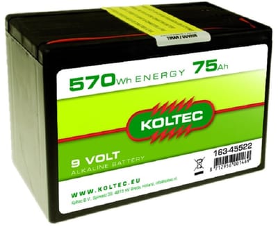 Koltec Batterij 9V 570 Wh 75 Ah — 9 volt batterij 570Wh 75Ah alkaline voor schrikdraad - Koltec 9V 75Ah - Koltec 9V batterij, 9 volt 75Ah, 570 Wh alkaline batterij, batterij schrikdraad, Koltec batterij 9V 75Ah