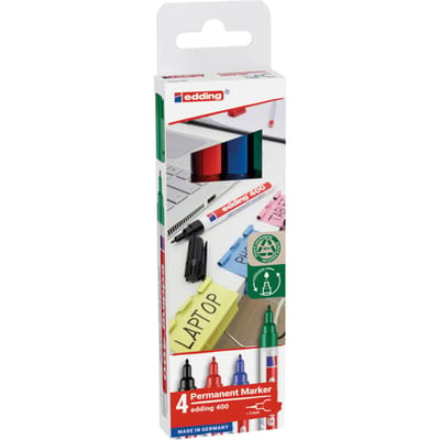 edding 400 permanent marker - zwart, blauw, rood, groen - 4 stiften - ronde punt 1 mm - water en wrijfvast - voor karton, kunststof, hout, metaal, etc. - alcohol markers voor volwassenen