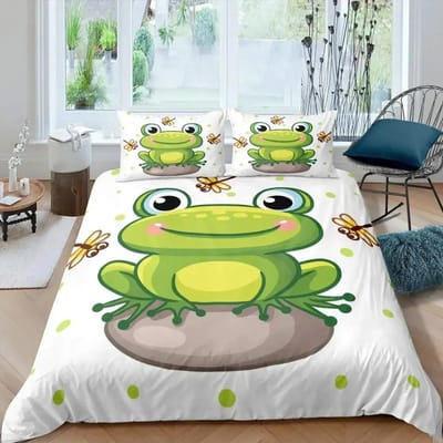 Cartoon Kikker Dekbedovertrek Set Lichtgroen Cartoon Kikkers Schattige Libel Dieren Beddengoed Set voor Jongen Eenpersoons Maat Polyester Dekbedovertrek EU single(135x200cm) yellow