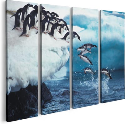 Artaza Canvas Schilderij Vierluik Kudde Pinguïns Springen vanaf een Rots - 80x60 - Foto Op Canvas - Canvas Print