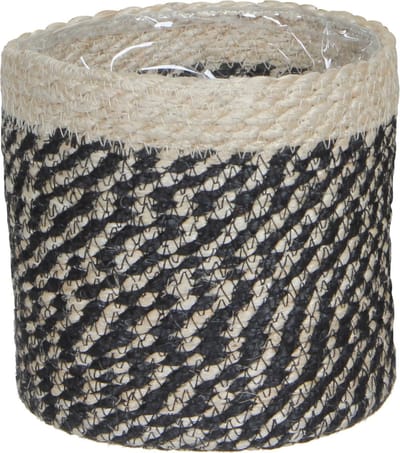 Mica Decorations Plantenmand - naturel met zwart - rotan - 16 cm - Met plastic binnenkant