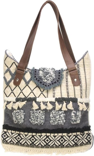 Tas medium Stonewash blue denim leren hengsels 38 x 35 cm