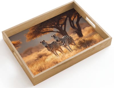Dienblad hout 40x30 cm - Schootdienblad - Zebra's - Savannelandschap - Gras - Borrelplank rechthoek - Plateau dienbladen