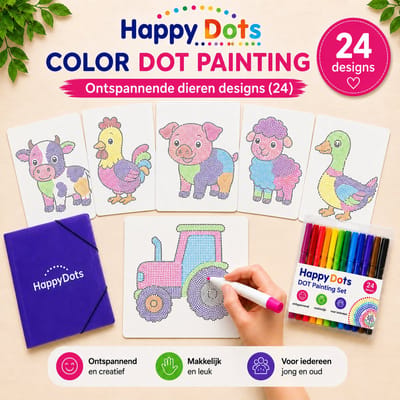 HappyDots Color DOT Painting set Boerderij dieren A4 - 24 designs + stiften + opbergmap