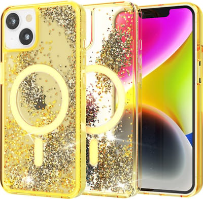 My Case Transparant Hoesje – Geschikt voor iPhone 14 Plus Geel Glitter - Geschikt voor MagSafe – Glitters, Sterk en Shock proof