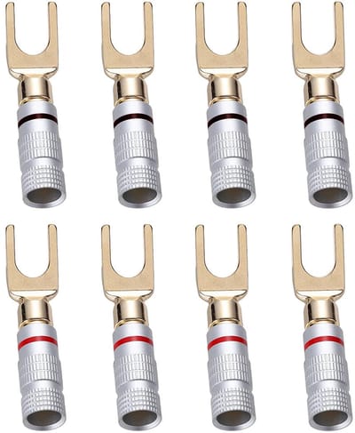 8 stuks 24K Verguld Y Plug 45 Graden Schroef Spade Socket voor Speaker Cable DIY - Roestbestendig - Set van 4 Zwart en 4 Rood