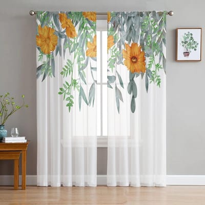 Planten Bloemen Aquarel Oranje Groen Transparant Raamgordijn Tule Gordijnen voor Woonkamer Slaapkamer Hotel Huisdecoratie Voile Draperieën 135W x 114H(cm) white