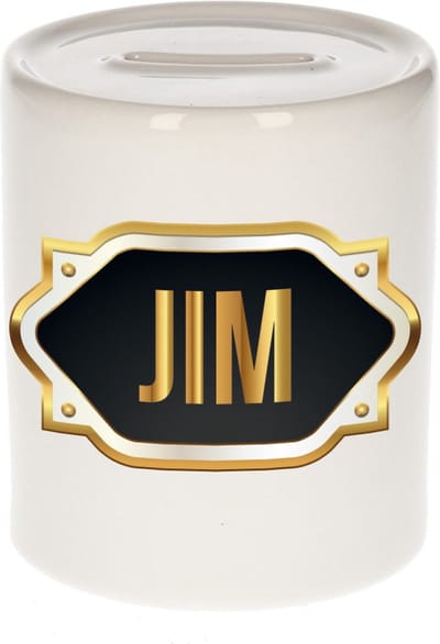 Spaarpot met voornaam Jim - wit - met goud/zwart embleem - 8 x 9 cm - keramiek - met afsluitdop - cadeau verjaardag