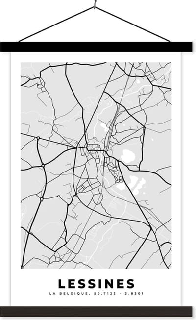 Posterhanger incl. Poster 40x60 cm - Schoolplaat - Stadskaart – Plattegrond – België – Zwart Wit – Lessines – Kaart - Textielposter - Zwarte latten - Stadskaart