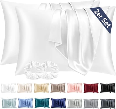 Famanu - Satijnen kussenslopen 40x70 cm wit set 2, zijdeachtig zacht voor haar en huid, envelopsluiting met 2 haarbandjes