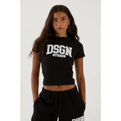 Dames Dsgn Studio Handdoekstof Applique Baby T-shirt | Zwart | Maat: XS