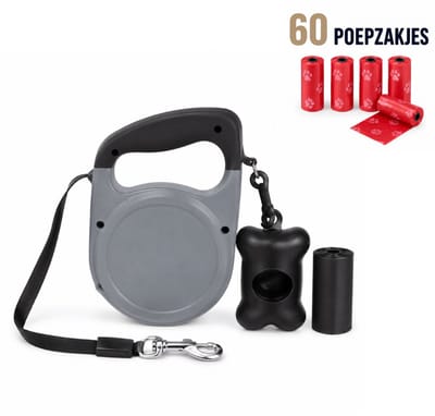 Hondenriem 5 meter – Met Poepzakhouder – Rollijn Hond - Zwart - Incl 60 Poepzakjes
