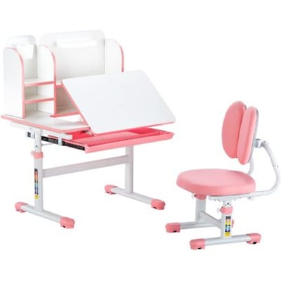 VEVOR Bureauset Kinderbureau Werktafel en stoel Hoogteverstelbaar (54-73 cm) Draagvermogen (100 kg) 0-40° Kantelbaar Tafel met boekenplank voor slaapkamer Studeerkamer Roze