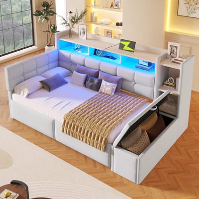 Pugsdrly Dagbed, rustbed, slaapbank, 90 × 190 cm, met twee lades, USB- en Type-C-poorten, opbergvak, opbergbank aan het voeteneinde van het bed, LED-lichtstrip, zonder matras, fluweel, wit