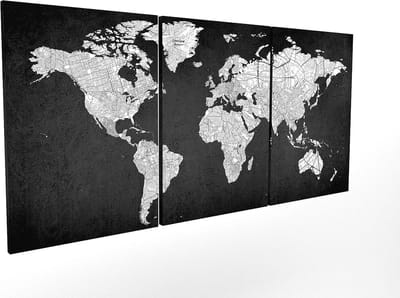 Wereldkaart Schilderij - XXL Canvas Kunst - Muur Decoratie - 3 Delig Ontwerp - 210x100cm - Zwart
