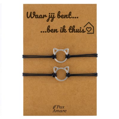 Koppel voor 2 "Waar jij bent ben ik thuis" - Schattig Katje - BFF Armbandjes met Cadeau Kaartje - Zwart & Zilverkleurig - Kat / Poesje Armband - Pax Amare
