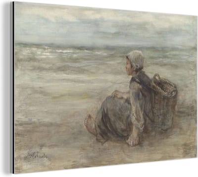 Aluminium schilderij 180x120 cm - Wanddecoratie metaal - Vissersmeisje op het strand - Schilderij van Jozef Israëls - Metalen muurdecoratie woonkamer - Decoratie industrieel - Foto op dibond - Industriële accessoires slaapkamer