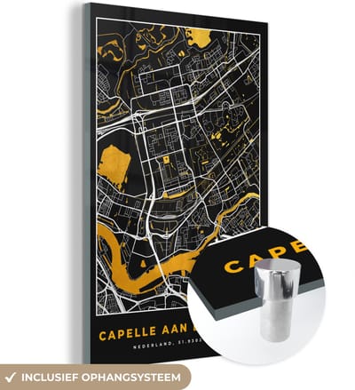 MuchoWow® Glasschilderij 40x60 cm - Schilderij acrylglas - Stadskaart - Capelle aan den IJssel - Goud - Zwart - Foto op glas - Schilderijen - Plattegrond