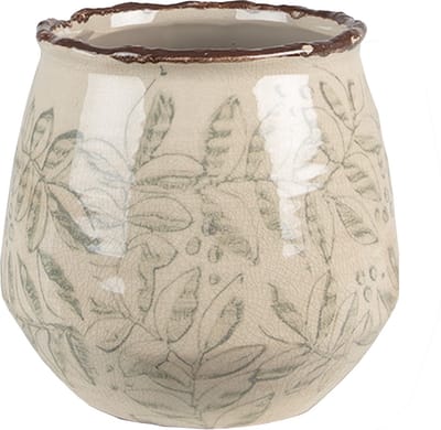 Keramiek Bloempot voor Binnen – Groen Bladeren – Rustieke Pot – Ø 14 cm – Bladerenmotief