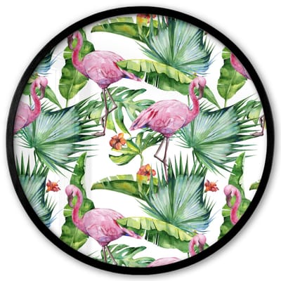 Poster in lijst Rond - Fotolijst 40x40 cm - Posters - Flamingo - Bladeren - Tropisch - Ronde posterlijst zwart - Decoratie - Wanddecoratie woonkamer - Muurdecoratie slaapkamer