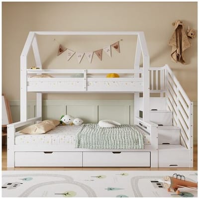 Merax Kinderstapelbed - 90 x 200 + 140 x 200 cm - met 2 lades + trapkast - grenen + MDF + multiplex - wit