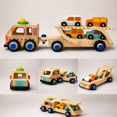 Bextunio Houten Autotransporter Speelgoed – Houten Vrachtwagen met 4 Auto’s – Educatief Hout Speelgoed – Peuter & Kleuter Cadeau