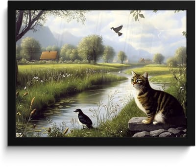 Poster in lijst - Fotolijst 40x30 cm - Posters - Kat - Beekje - Weide - Posterlijst zwart - Decoratie - Wanddecoratie woonkamer - Muurdecoratie slaapkamer
