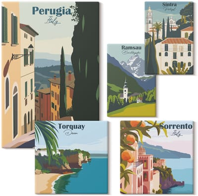 Wallfluent Set van canvas schilderijen - Italiaanse stadjes met pittoreske straatjes Canvas Schilderijen Set - Set van 5 Canvas Schilderijen - Veelkleurig Set van Canvas Prints - Steden Canvas Kunst Set - Boheemse Canvas Kunst Set