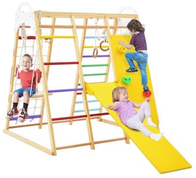 Multifunctionele 8-in-1 klimdriehoekset voor binnen met glijbaan, klimladder, schommel en turnringen