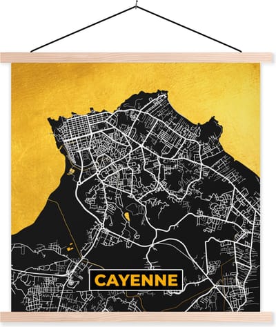 Posterhanger incl. Poster 40x40 cm - Schoolplaat - Stadskaart – Plattegrond – Kaart – Frankrijk - Cayenne - Textielposter - Blanke latten - Stadskaart
