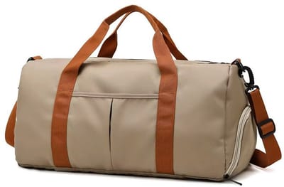 Waterproof Oxford Reistas 48×23×25cm – Sporttas met Schoenenvak & Nat/Droog Compartiment – Beige Duffelbag - Weekendtas met Cognac Accenten