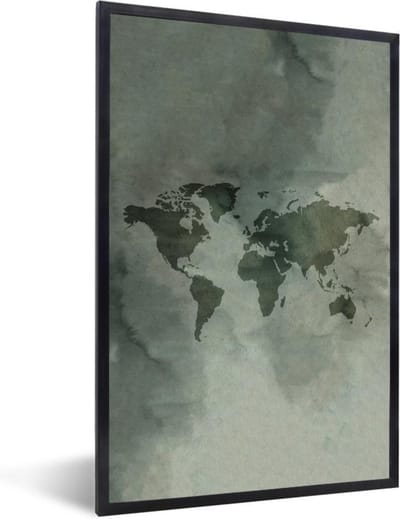 Poster in lijst - Fotolijst 20x30 cm - Posters - Wereldkaart - Aquarelverf - Groen - Grijs - Posterlijst zwart - Decoratie - Wanddecoratie woonkamer - Muurdecoratie slaapkamer
