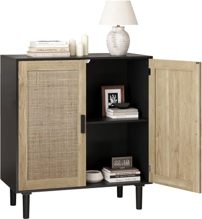 MODENUIT Opbergkast - Twee Deuren Met Rotanfront En Open Vakken - Voor Woonkamer En Hal - MDF Zwart - 80x40x88 Cm