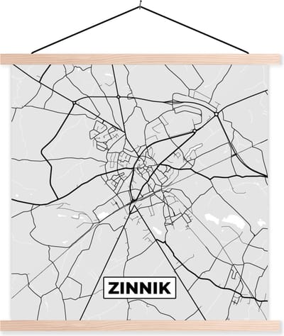 Posterhanger incl. Poster 40x40 cm - Schoolplaat - Plattegrond – Zinnik – Zwart Wit – Stadskaart - Kaart - Textielposter - Blanke latten - Stadskaart