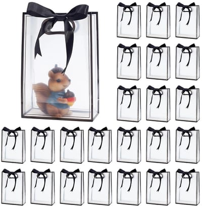30 stuks doorzichtige plastic geschenkzakjes met uitgesneden handvat, herbruikbare feestzakjes met lint (zwart)